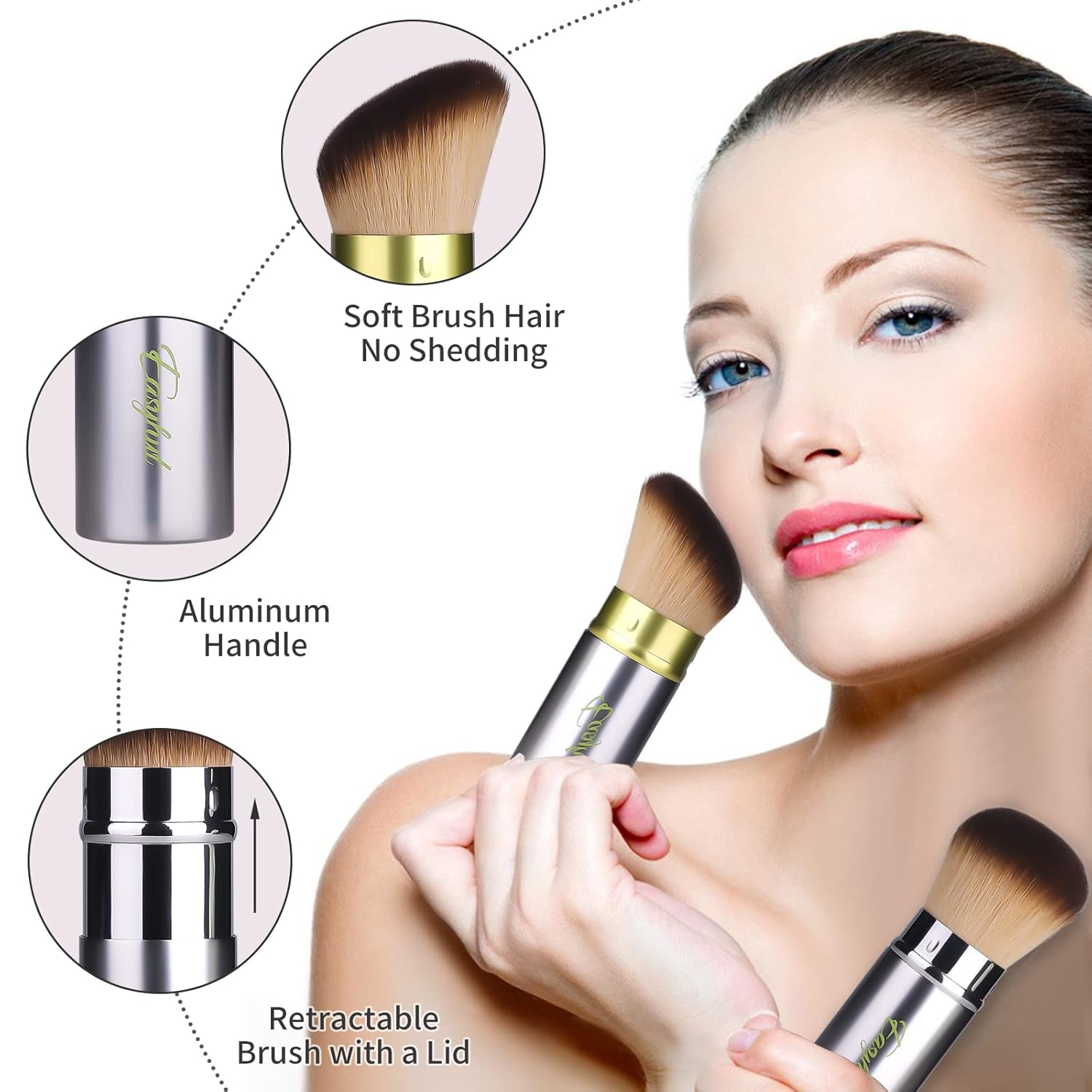 Retractable Kabuki Makeup Brushes 2 Pcs Blush Brushes Set Portable Powder Brushes with Flat and Angled Top for Liquid Cream Cosmetics Travel. (Silver Green) - Image 4