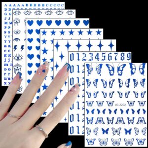 7 Sheets Blue Nail Art Stickers, 3D Geometry Nail Transfer Decals, Butterfly Heart Letters Numbers Stars Eyes Nail Self-Adhesive Sticker Design for Women Girls Manicure Charms Decorations