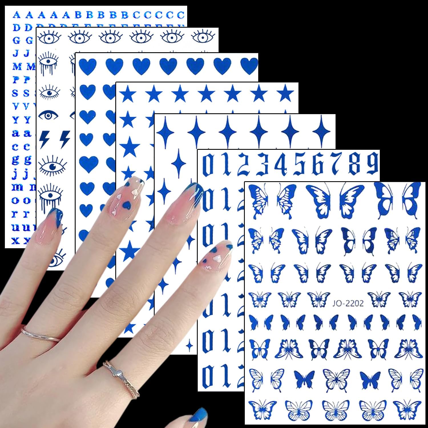 7 Sheets Blue Nail Art Stickers, 3D Geometry Nail Transfer Decals, Butterfly Heart Letters Numbers Stars Eyes Nail Self-Adhesive Sticker Design for Women Girls Manicure Charms Decorations