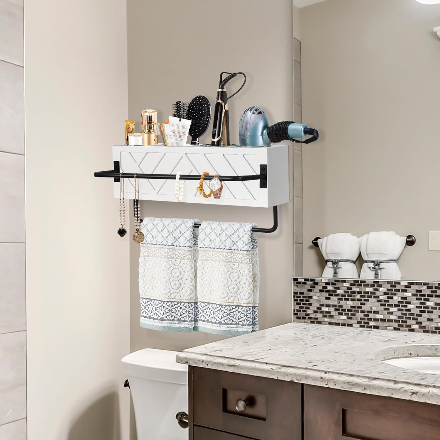 Hair Tool Organizer Wall Mount, Hair Dryer Holder with 2 Towel Bars, Wood Hot Tools Organizer, Rustic Bathroom Organizer Blow Dryer Holder for Bathroom Decor, Flat Iron, Curling Wand, Brushes(White) - Image 3