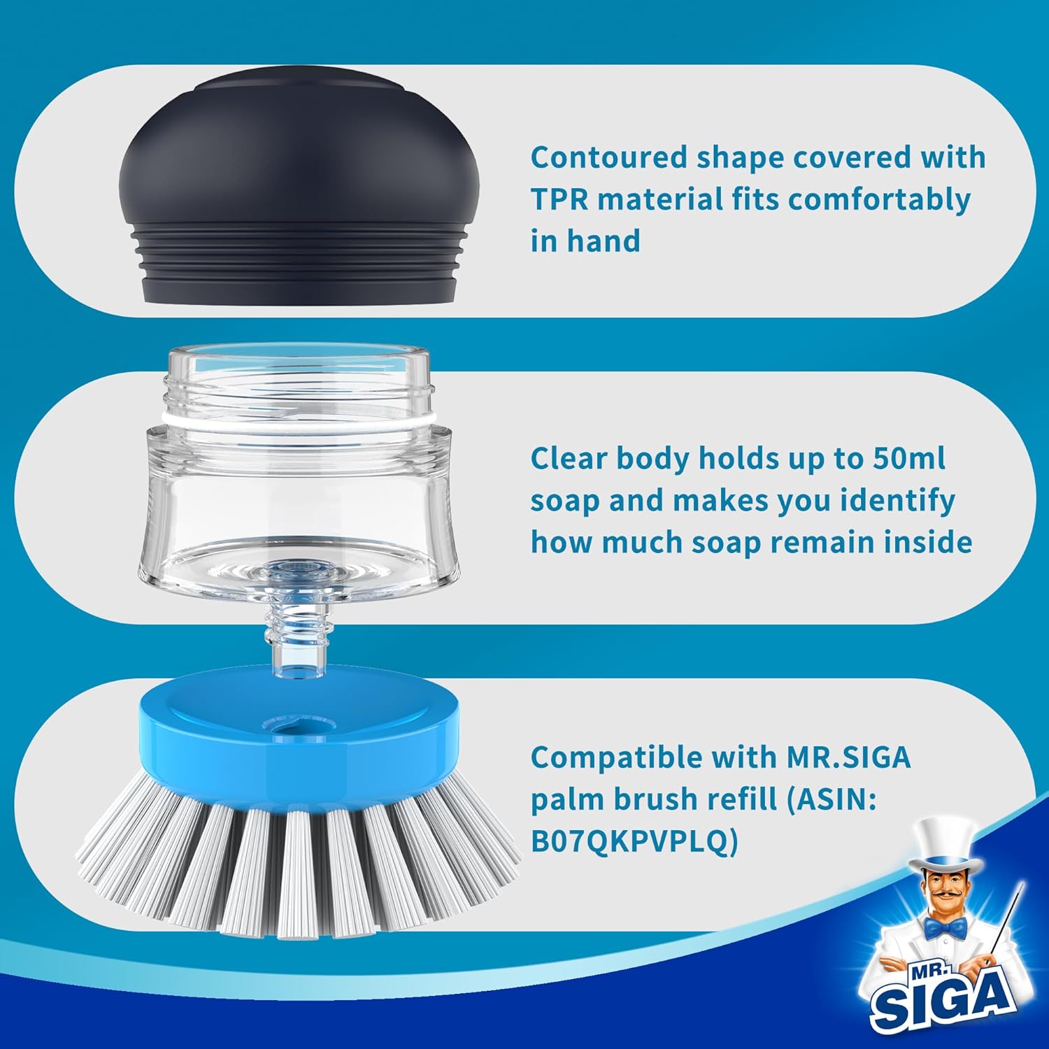 MR.SIGA Soap Dispensing Palm Brush, Kitchen Brush for Dish Pot Pan Sink Cleaning, Pack of 1, Navy/Blue - Image 6