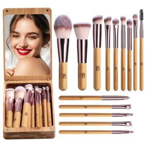 BS-MALL Travel Makeup Brush Set Bamboo Brushes Foundation Powder Concealers Eye Shadows Makeup Set with Mirror Case 14 Pcs