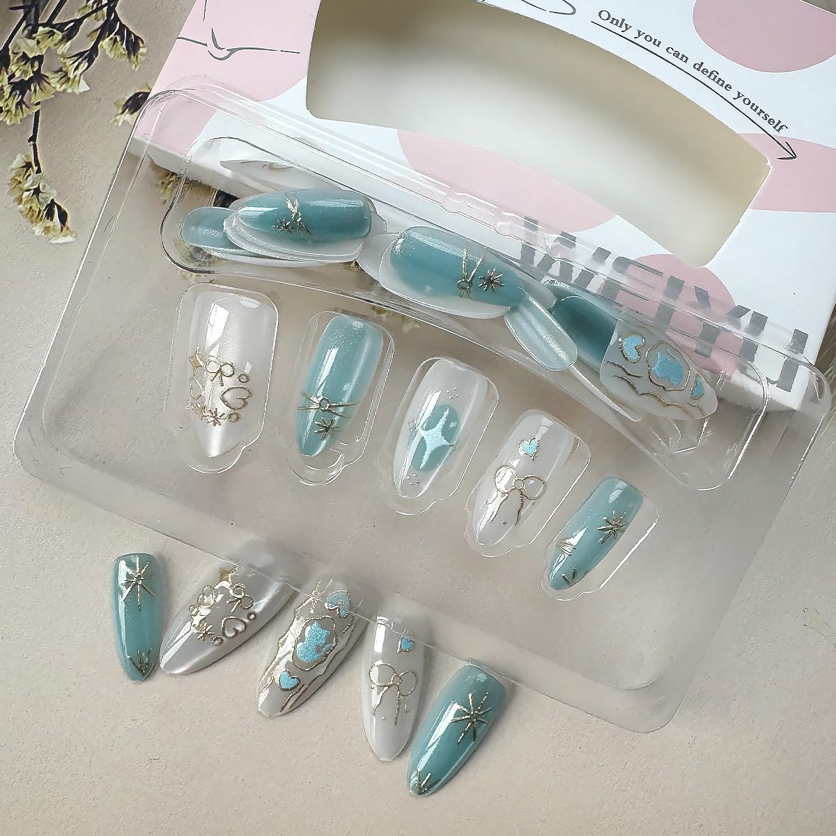 30Pcs Cat Press on Nails Short Almond Fake Nails Blue Cute Cat with Star Rhinestones Design Glitter False Nails Handmade Full Cover Artificial Glue on Nails Spring Summer Stick on Nails for Women - Image 3