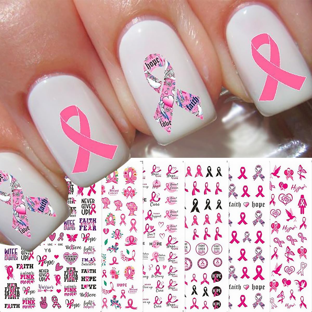 6 Sheets Breast Cancer Nail Art Stickers 3D Self-Adhesive Heart Letter Nail Stickers Pink Ribbon Nail Decals Breast Breast Cancer Nail Design Stickers for Women Girls Acrylic Manicure Salon - Image 4