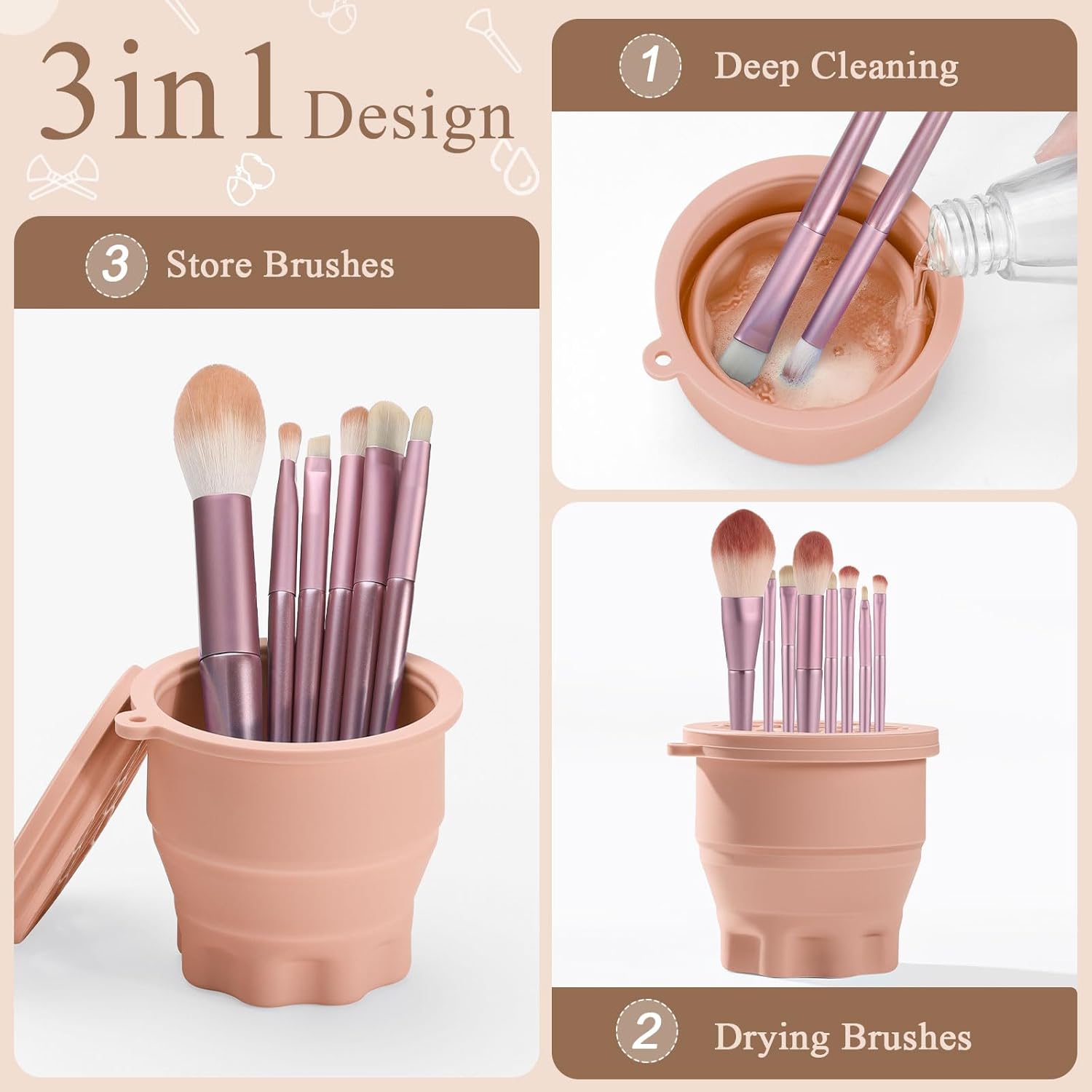WantGor Makeup Brush Cleaner Mat with Brush Storage Holder, 3 in 1 Foldable Silicone Bowl Cosmetic Brushes Cleaning Pads Tool for Makeup Brush, Makeup Sponge, Powder Puff (Khaki) - Image 2