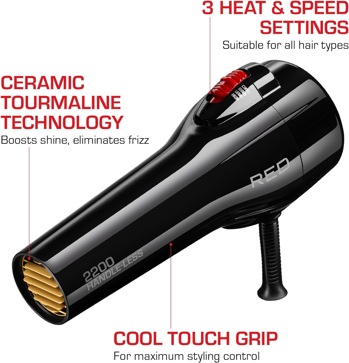 RED by Kiss Handle-Less 2200W Ceramic Tourmaline Hair Dryer with Comb Attachements and Heat Protector Spray - Image 2