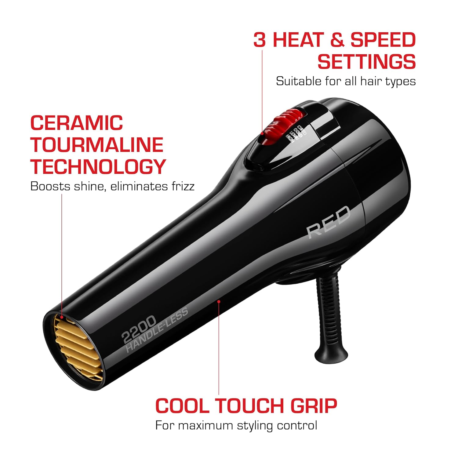 RED by Kiss Handle-Less 2200W Ceramic Tourmaline Hair Dryer, 3 Heat Settings, Pro Blow Dryer with Comb Attachment, Ionic for Frizz-Free Shine, Detangler & Straightening for 4C - Image 3