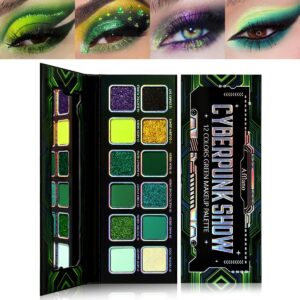 Green Eyeshadow Makeup Palette, 12 Color Green Holographic Glitter Eyeshadow with Matte Shimmer Finish for Hazel Eyes, High Pigment Silky Long Last Neon Yellow Blue Eye Shadow for Daily,Party,Cos,Goth