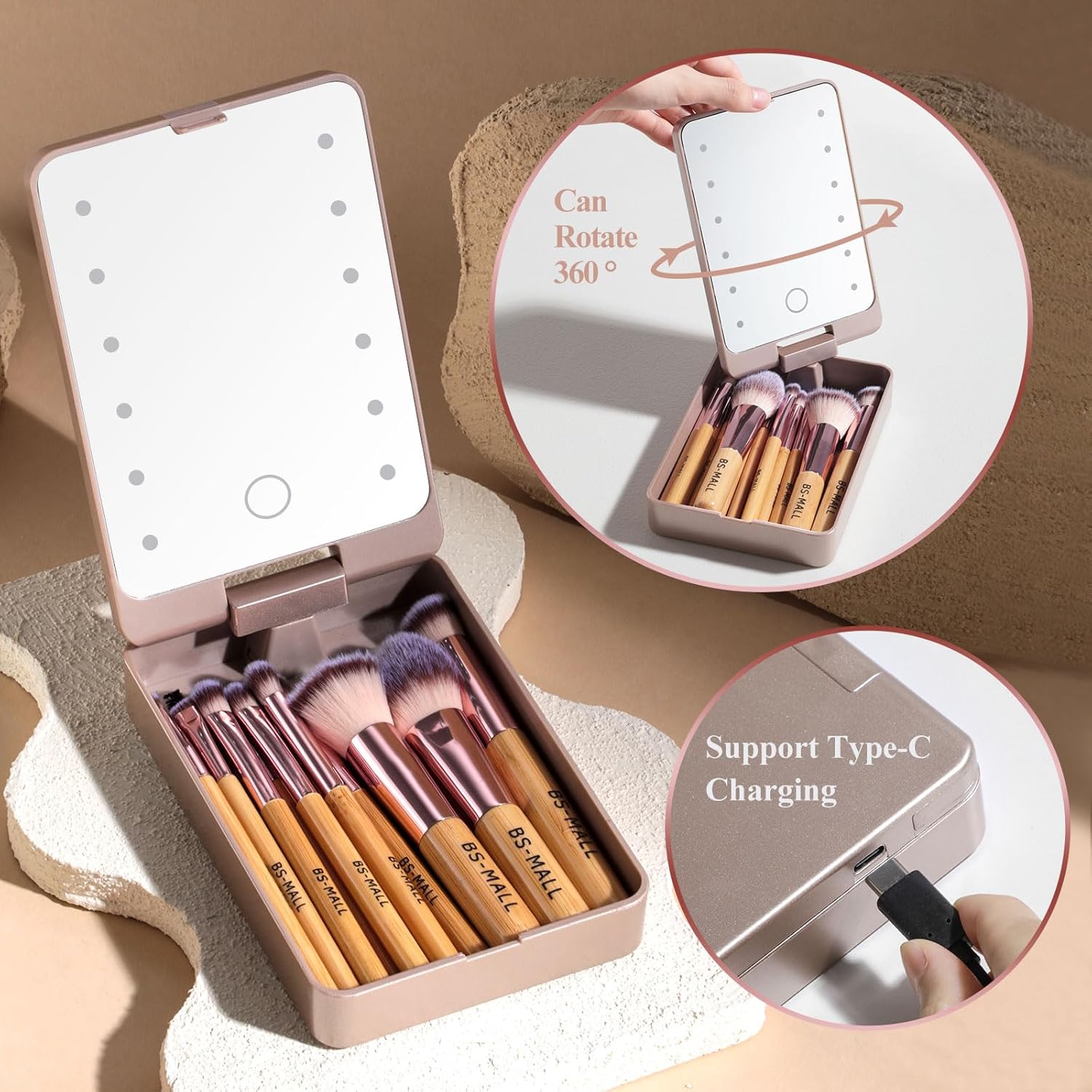 BS-MALL Travel Makeup Brush Set Foundation Powder Concealers Eye Shadows Makeup Set with LED light Mirror 14 Pcs (B-Bamboo) - Image 3