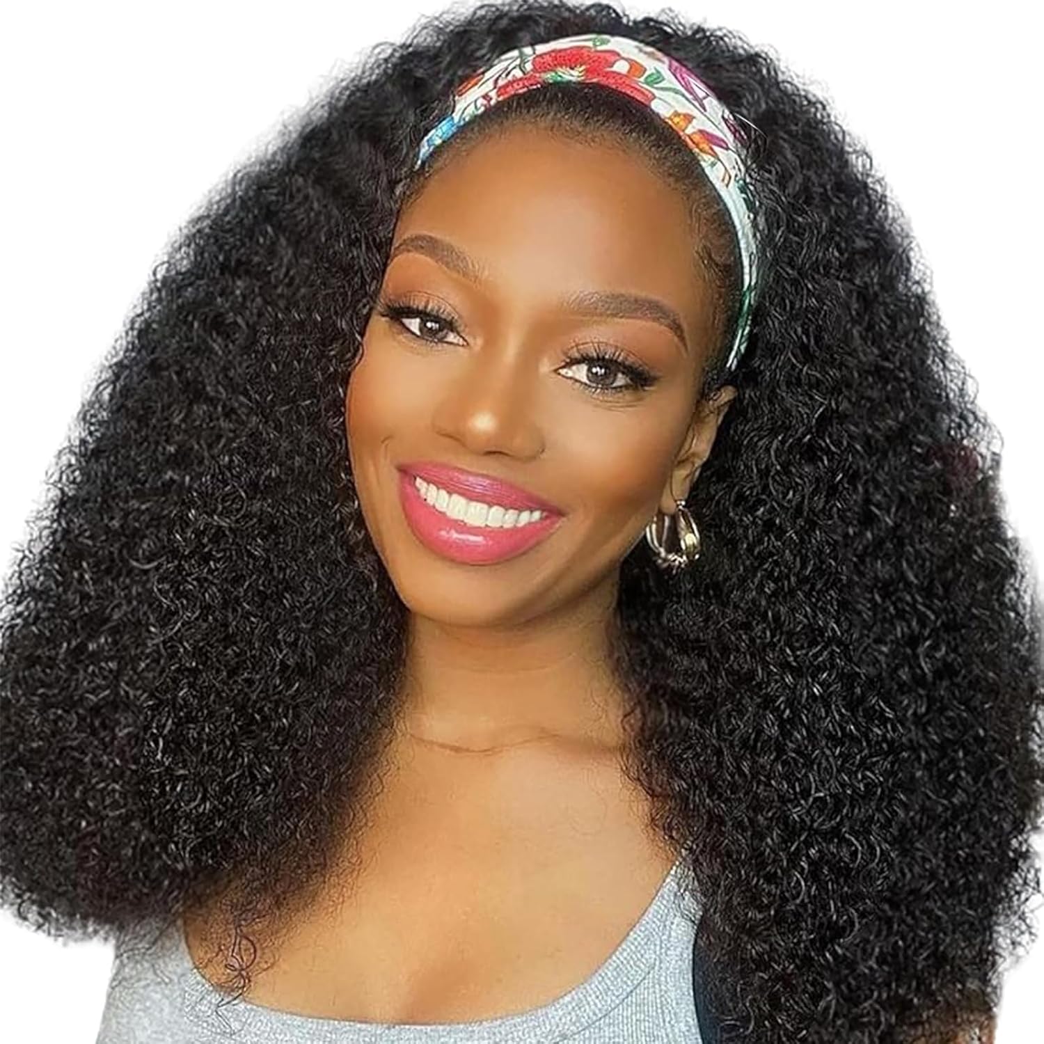 XSY Headband Wig Human Hair 20 Inch Kinky Curly Headband Wigs for Black Women Glueless No Lace Front Wig Brazilian Virgin Human Hair 150% Density Natural Black Color - Image 7