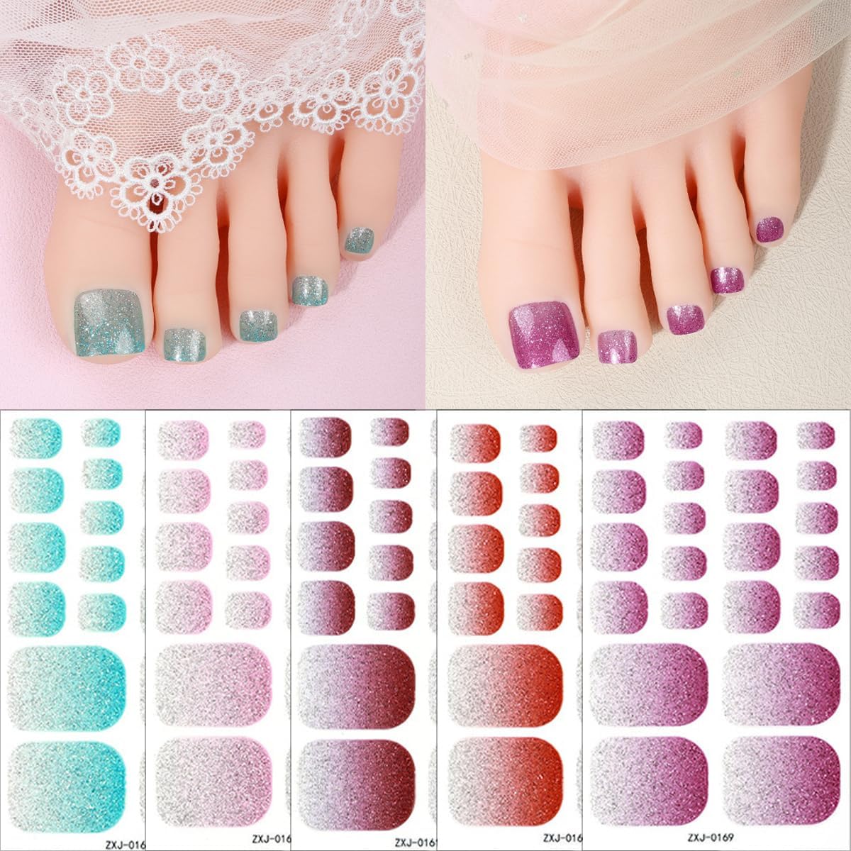 Glitter Toe Gel Nail Stickers - 6 Sheets Full Wraps Polish Strips Supply Self Adhesive Design Decals for Women Girls DIY Manicure Toenail Wraps - Image 2