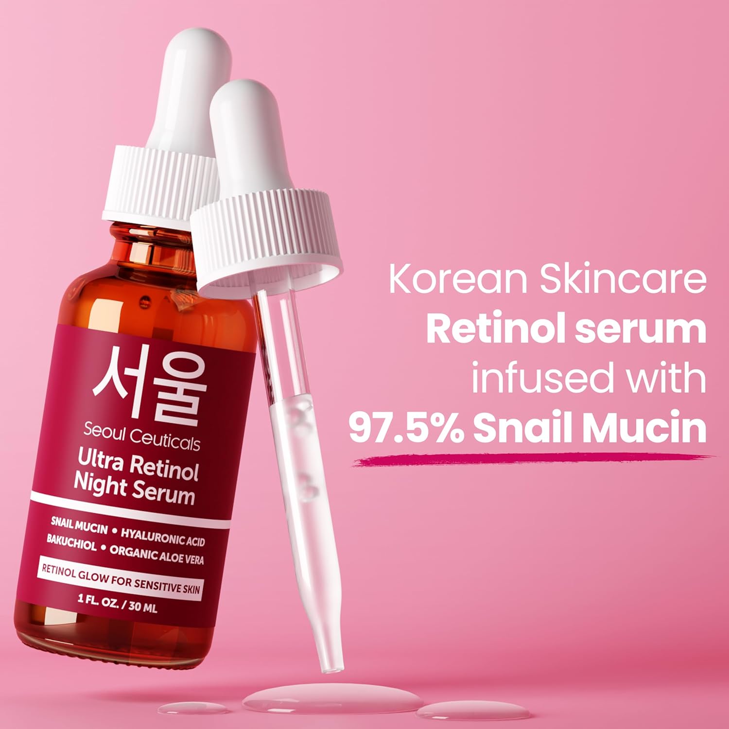 SeoulCeuticals 1% Korean Retinol Night Serum for Face - 97.5% Snail Mucin + Hyaluronic Acid + Bakuchiol, Cruelty Free K Beauty for Sensitive Skin 1oz - Image 9