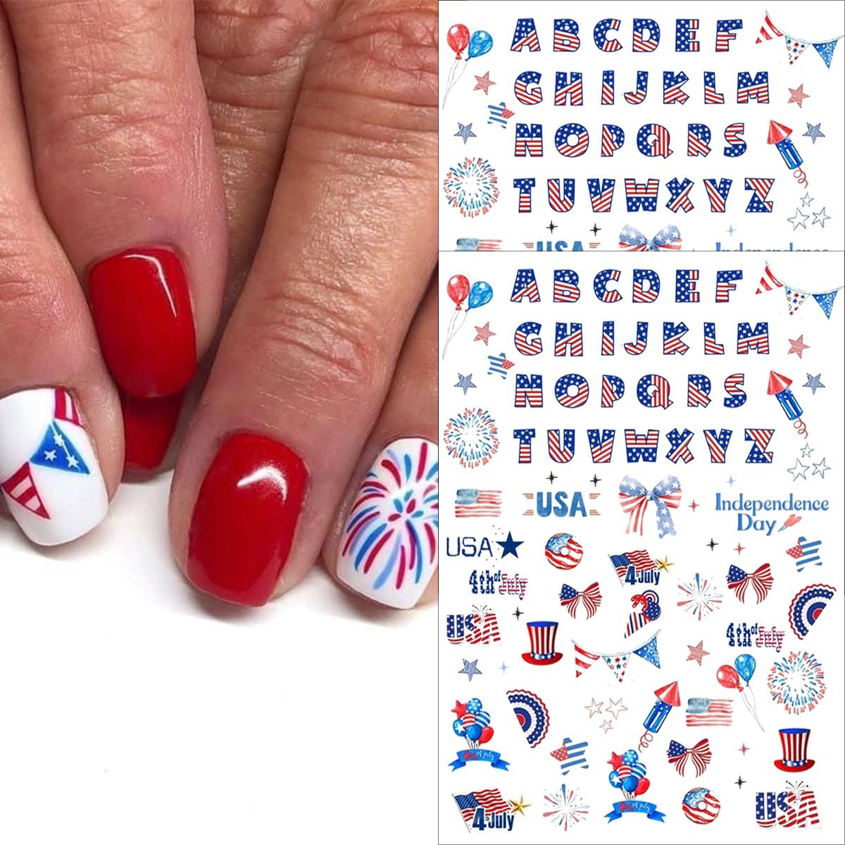 6 Sheets 4th of July Nail Stickers for Nail Art 3D Self Adhesive Independence Day Nail Art Stickers American Flag Stars Letters Fireworks USA Nail Decals Fourth of July Design Sticker for Women - Image 9