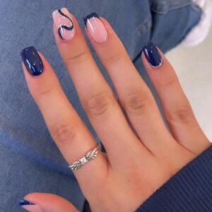 Dark Blue Press on Nails Short Fake Nails with Shiny Curve Designs French Tip Artificial Nails Simplicity Reusable Acrylic Nails False Nails Glossy Glue on Nails for Women Girls