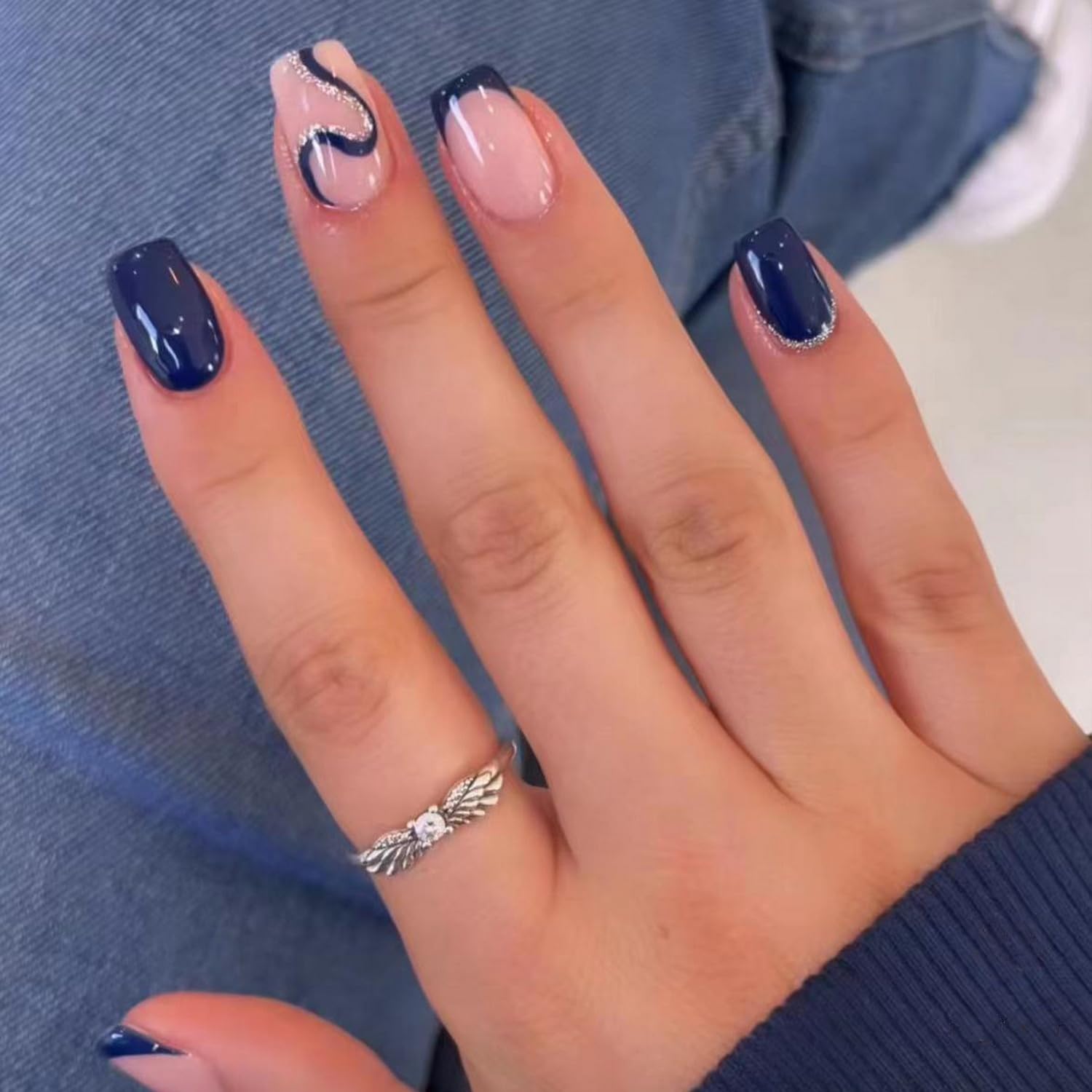 Dark Blue Press on Nails Short Fake Nails with Shiny Curve Designs French Tip Artificial Nails Simplicity Reusable Acrylic Nails False Nails Glossy Glue on Nails for Women Girls