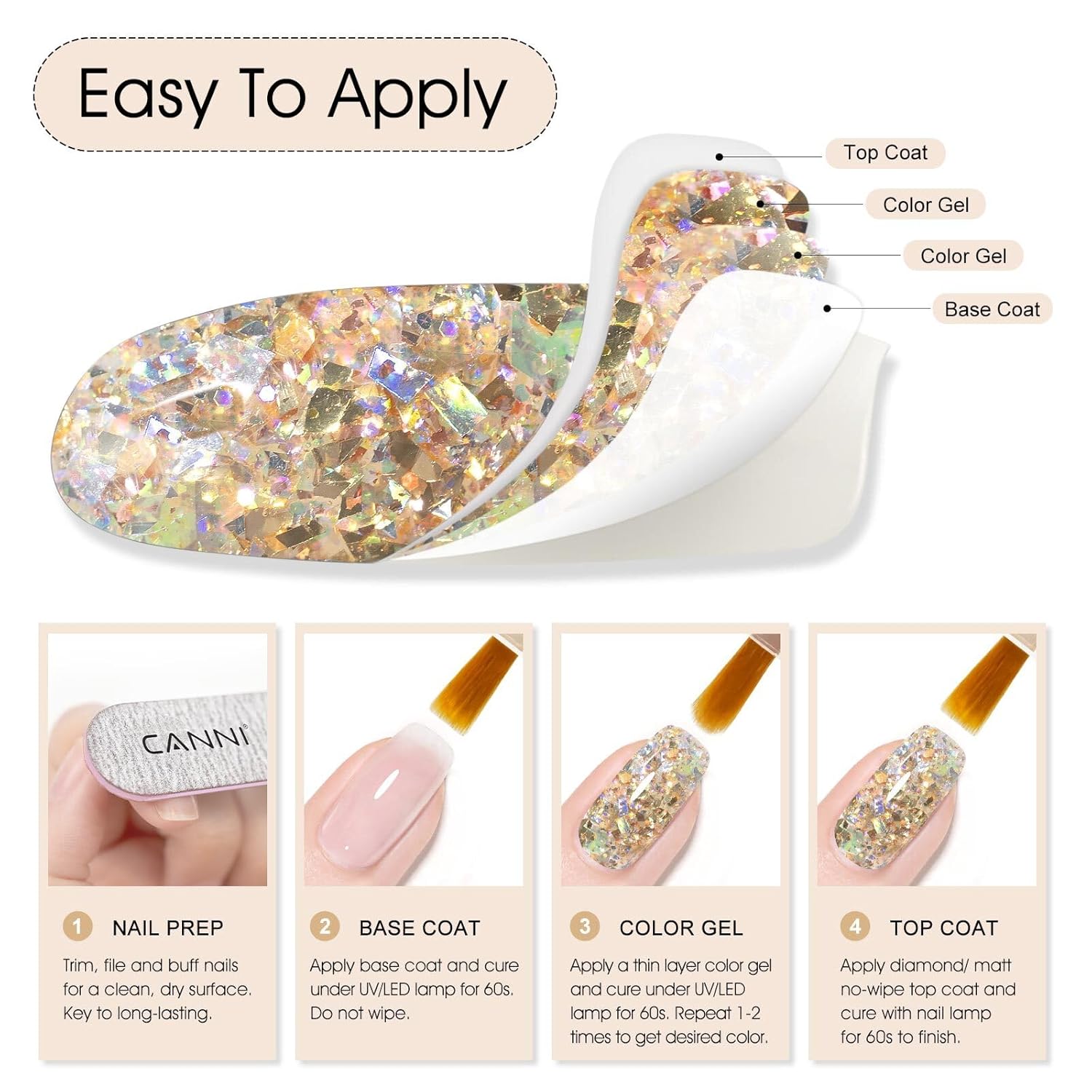 CANNI Glitter Gel Nail Polish 1pcs 9ml Broken Gold color Glitter Nail Polish Soak Off Uv LED Nail Lamp Prism Flash Series Nail Art Manicure Salon DIY Home - Image 6
