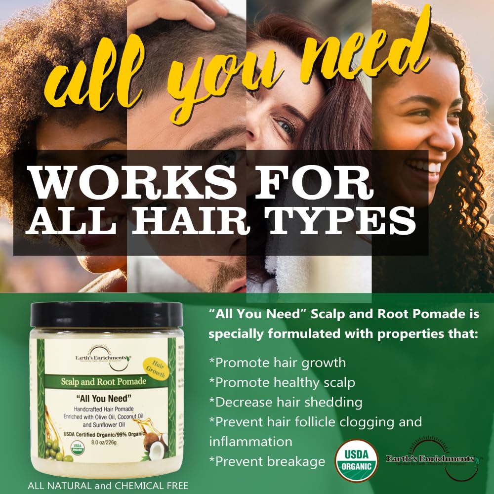 Earth's Enrichments Organic Pomade - Hair Food for Growth, Contains Tea Tree, Rosemary, Lavender Oil, Natural Hair Grease for Thick, Straight, Curly, Wavy, Thin Hair, Women, Men, Kids, USDA, 8oz - Image 2