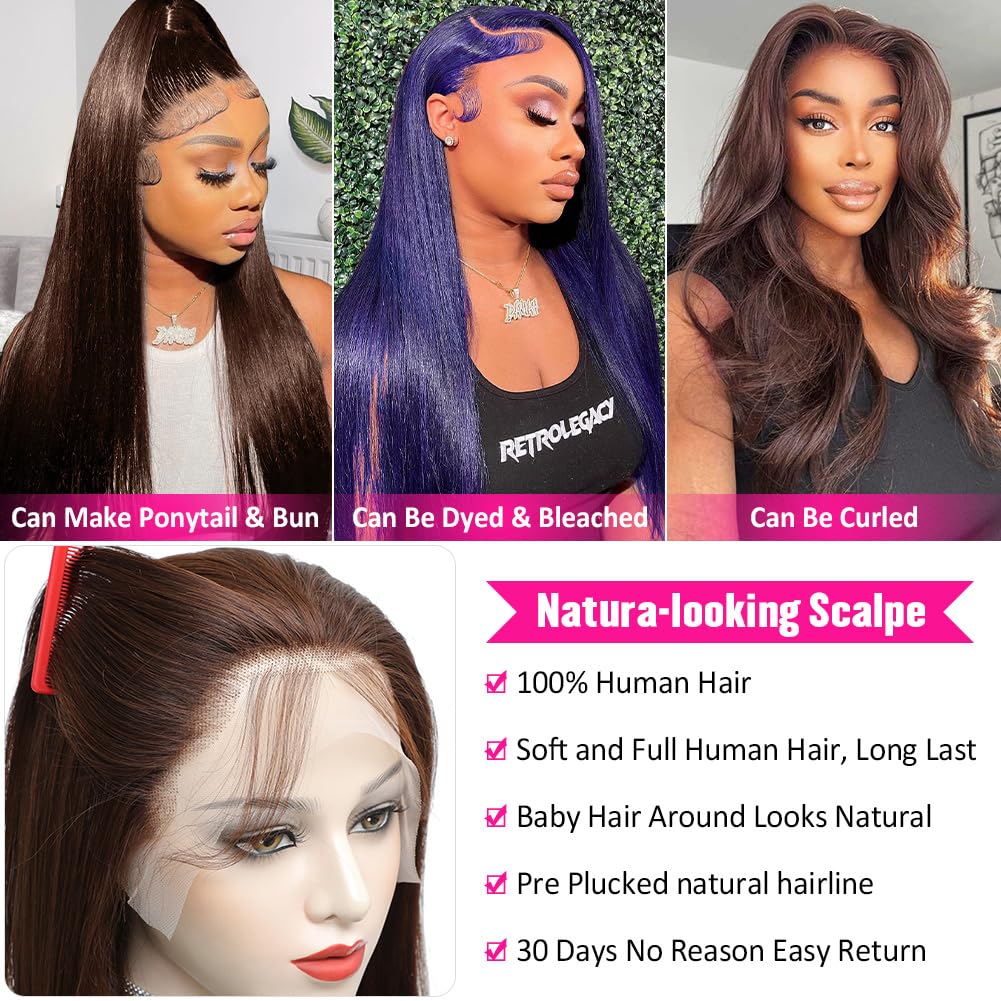Hermosa 13x4 Chocolate Brown Lace Front Wigs Human Hair with Baby Hair 180 Density Straight Lace Frontal Human Hair Wigs Pre Plucked Hairline 4# Brown Wig 26 Inch - Image 5