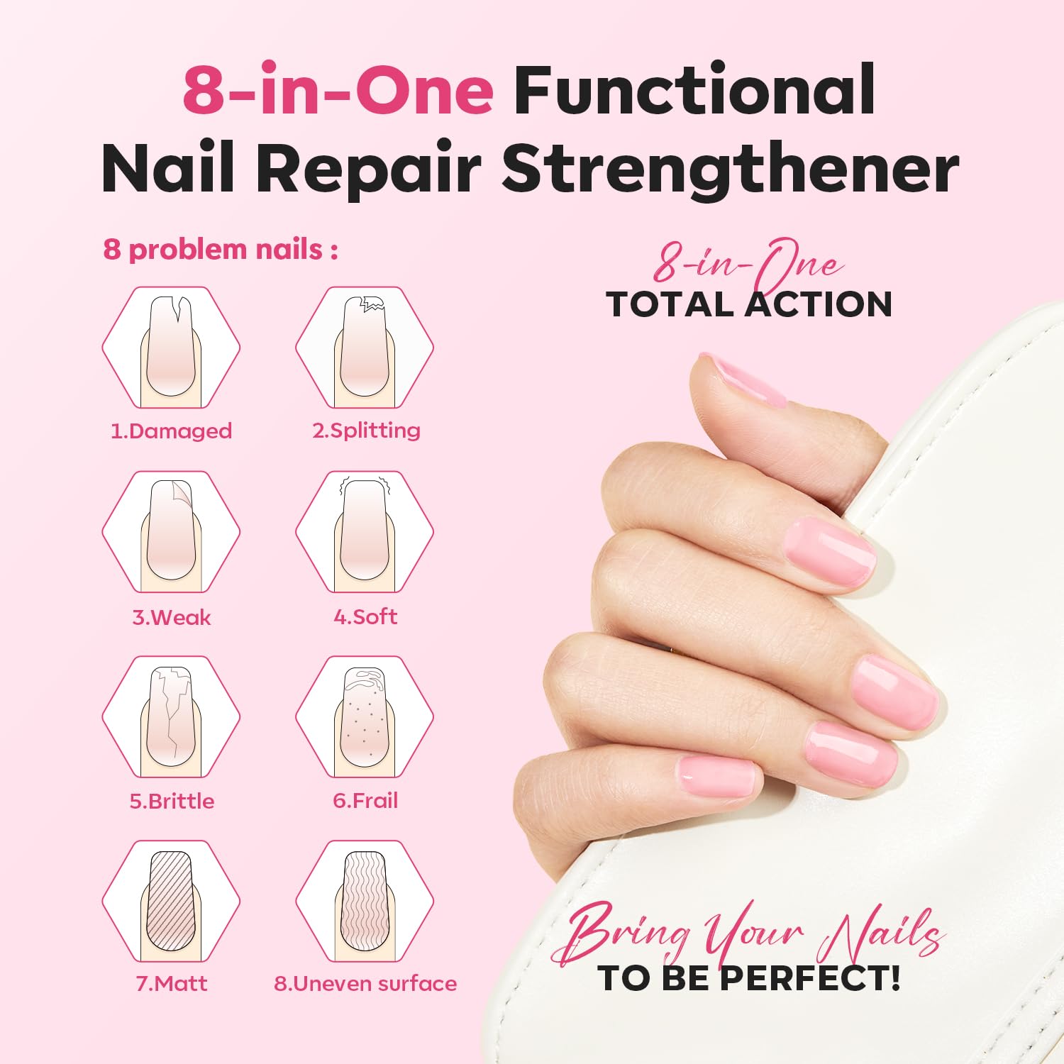 modelones Nail Strengthener 8-in-One Nail Ridge Filler Base Coat Nail Polish Repair Nail Growth Treatment for Thin and Damaged Nails Jelly Pink 15ml - Image 2