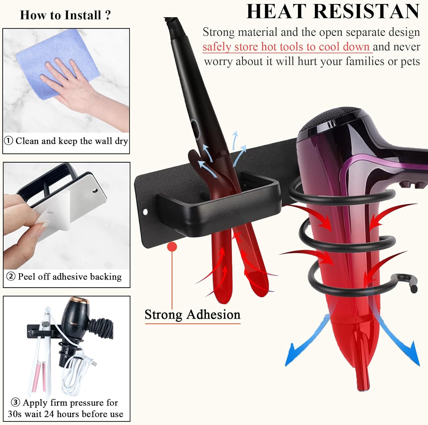 Hair Dryer Holder - Hair Dryer Wall Mount, Aluminum Hair Tool Organizer Wall Mount with Self Adhesive and Drilling Install Options, Flat Iron/Curling Iron/Straightener Holder for Bathroom - Image 5