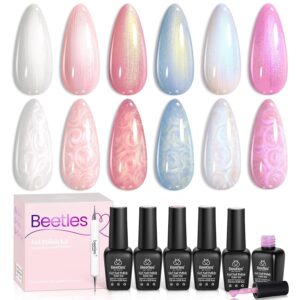 Beetles Shimmer Glitter Gel Nail Polish Set, 6 Colors Pearl White Gel Nail Polish Mermaid Soak Off Uv Led Summer Pink Blue Polish Swirl Thread Effect DIY Manicure Art Gift for Women