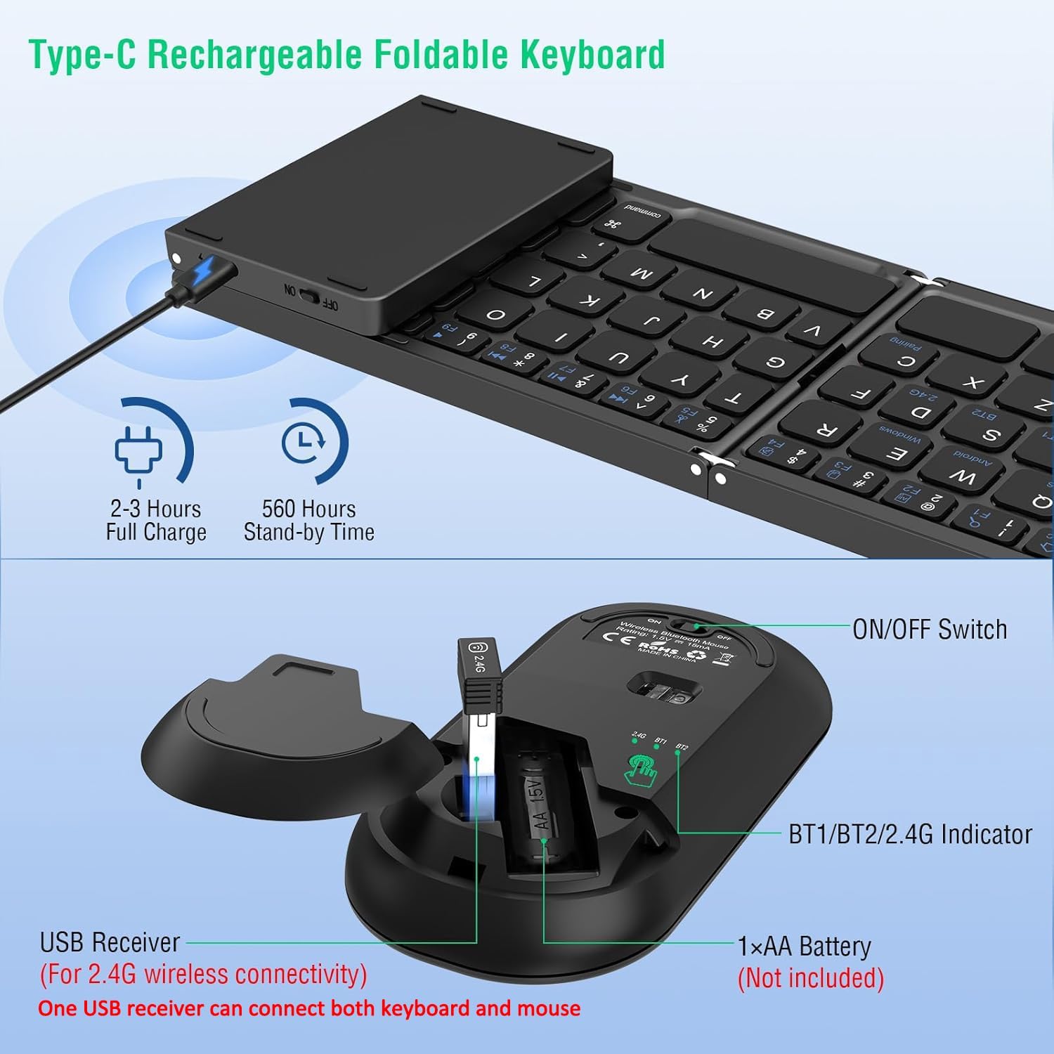 Foldable Keyboard and Mouse, EDJO Folding Wireless Keyboard Mouse Combo with Portable Case, Rechargeable 2.4G+Bluetooth Multi-Device Combo for Windows, iOS, Android, MacOS PC/Laptop/Tablet - Image 3