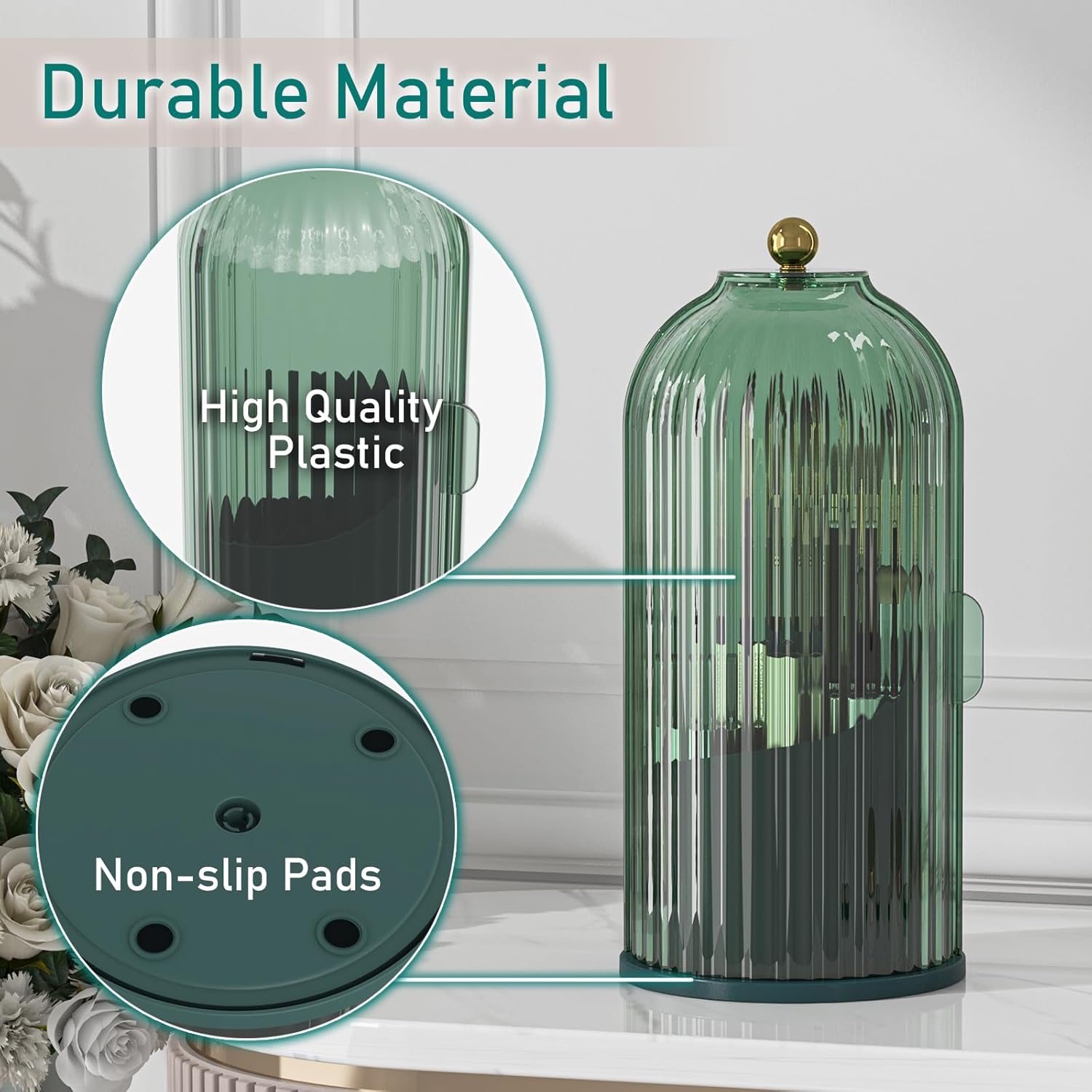 GAXmi Makeup Brush Holder with Lid Cosmetic Tools Organizer 360 Rotating Waterproof Dustproof Beauty Brushes Storage for Vanity, All Green - Image 6