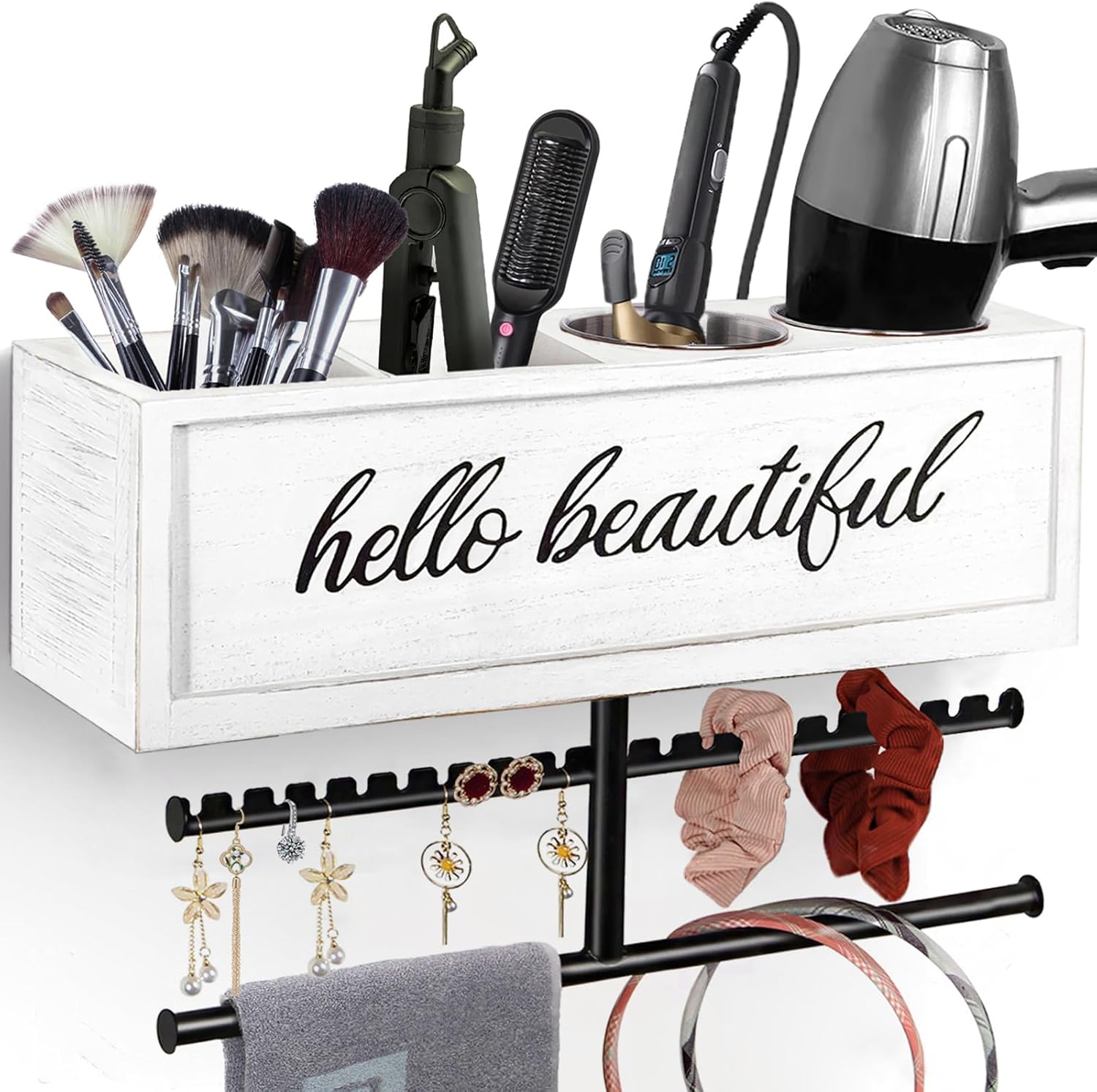 Rustic Hair Dryer Holder Wall Mounted,Hair Styling Tools & Accessories Organizer,Bathroom Supplies & hot Tools vanities Organizer Caddy,for Storage Flat Iron,Blow Dryer,Curling Iron,Towel