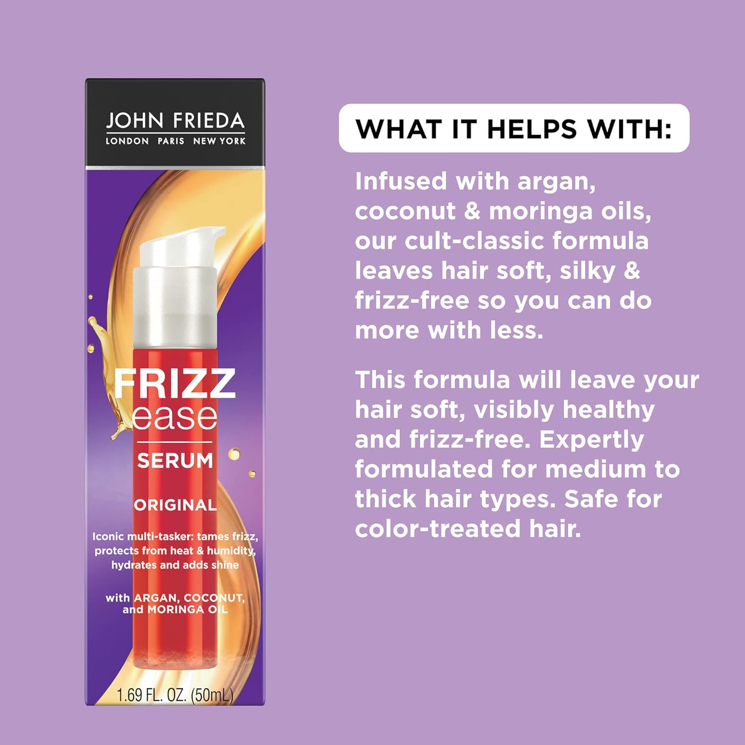 John Frieda Frizz Ease Original Hair Serum, Protecting Against Frizz, Heat, and Humidity While Adding Shine, Smooths Strands and Hydrates Parched Hair with Argan, Coconut, and Moringa Oil, 1.69 Oz - Image 4