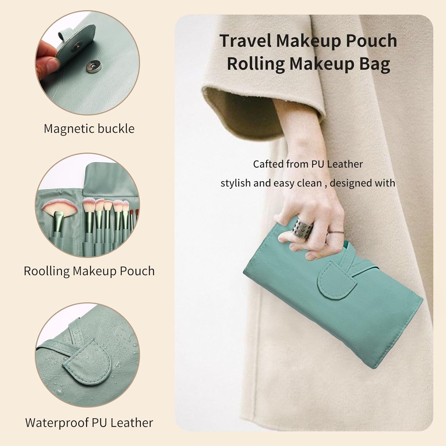 28-Piece Professional Makeup Brush Set with Beauty Blenders and Travel Bag Green - Image 6
