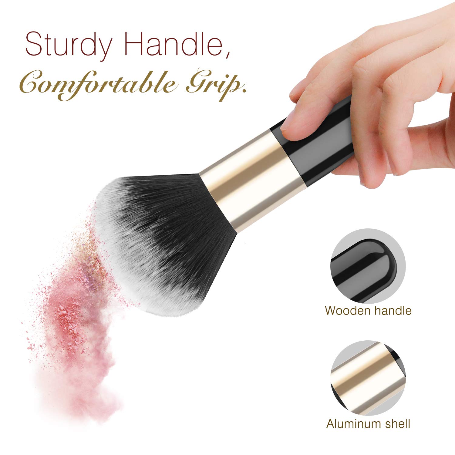 Luxspire Powder Makeup Brush, Flat Kabuki Brush, Single Large Makeup Brush Soft Face Mineral Powder Foundation Brush Blush Brush for Blending Makeup, Black & Gold - Image 4