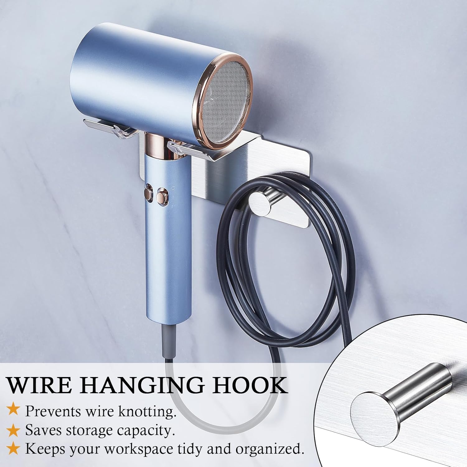 Hair Dryer Holder Wall Mounted, Stainless Steel Blow Dryer Holder, Hair Tool Organizer for Bathroom, Adhesive Hair Dryer Storage Organizer for Wall, Hanger for Hairdryer Blow Dryer - Image 4