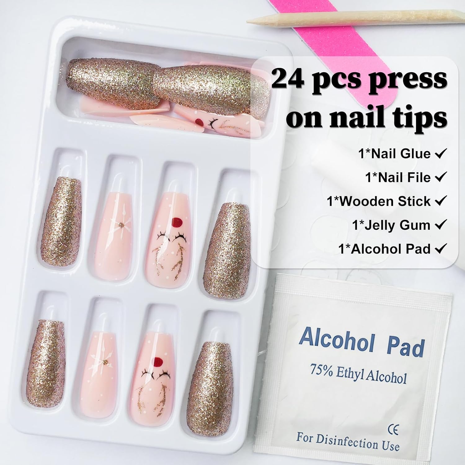 Medium Coffin Press on Nails Christmas Snowflake Elk Pink Fake Nails Full Cover Glossy Acrylic Stick on Nails Cute False Nails for Women Girls DIY Fingernails Decor 24Pcs - Image 2