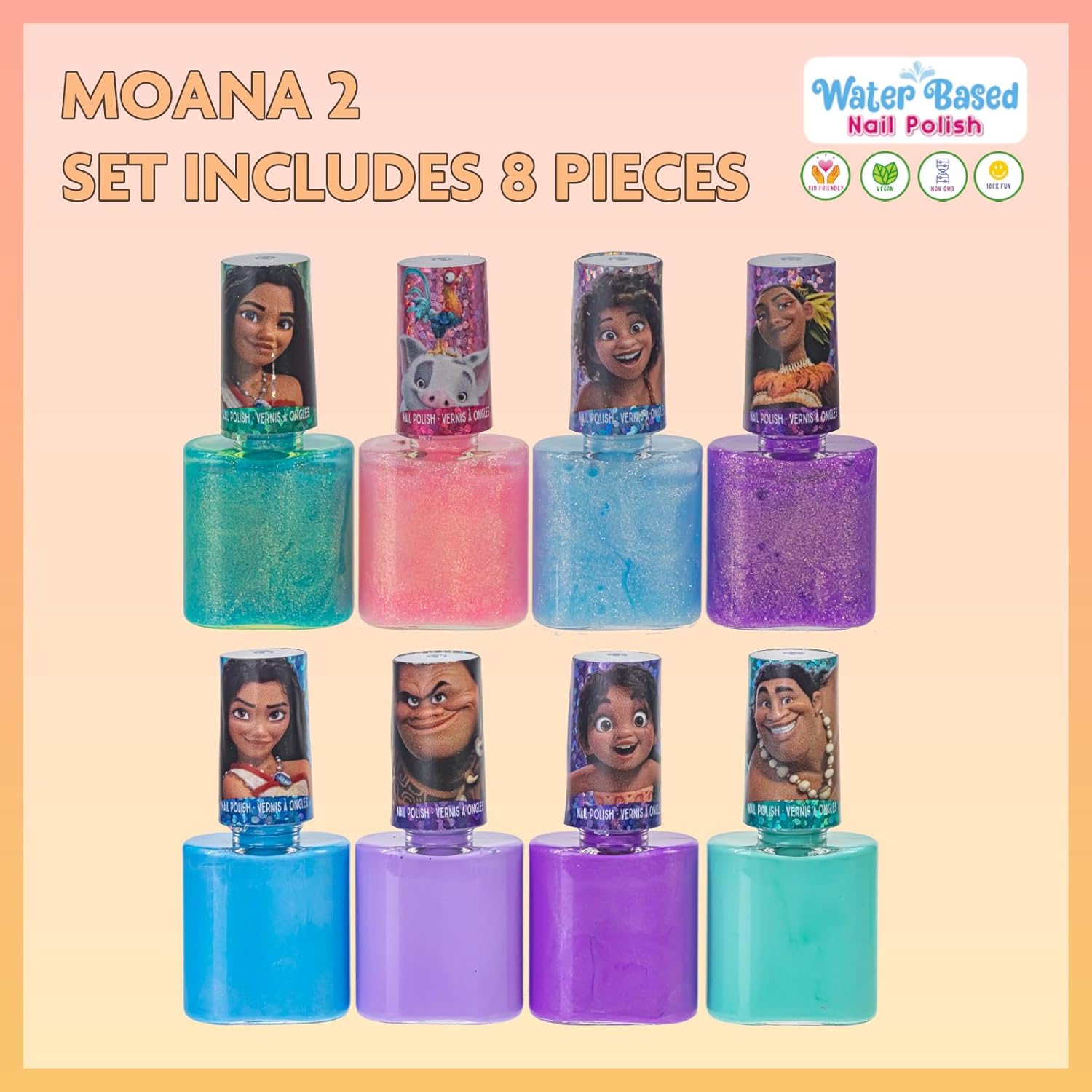 Townley Girl Moana 2 Non-Toxic Water-Based Peel Off Nail Polish Set with Glittery Shimmery and Opaque Colors for Girls Kids Ages 3+ Perfect for Parties Sleepovers and Makeovers 8 Pcs - Image 2