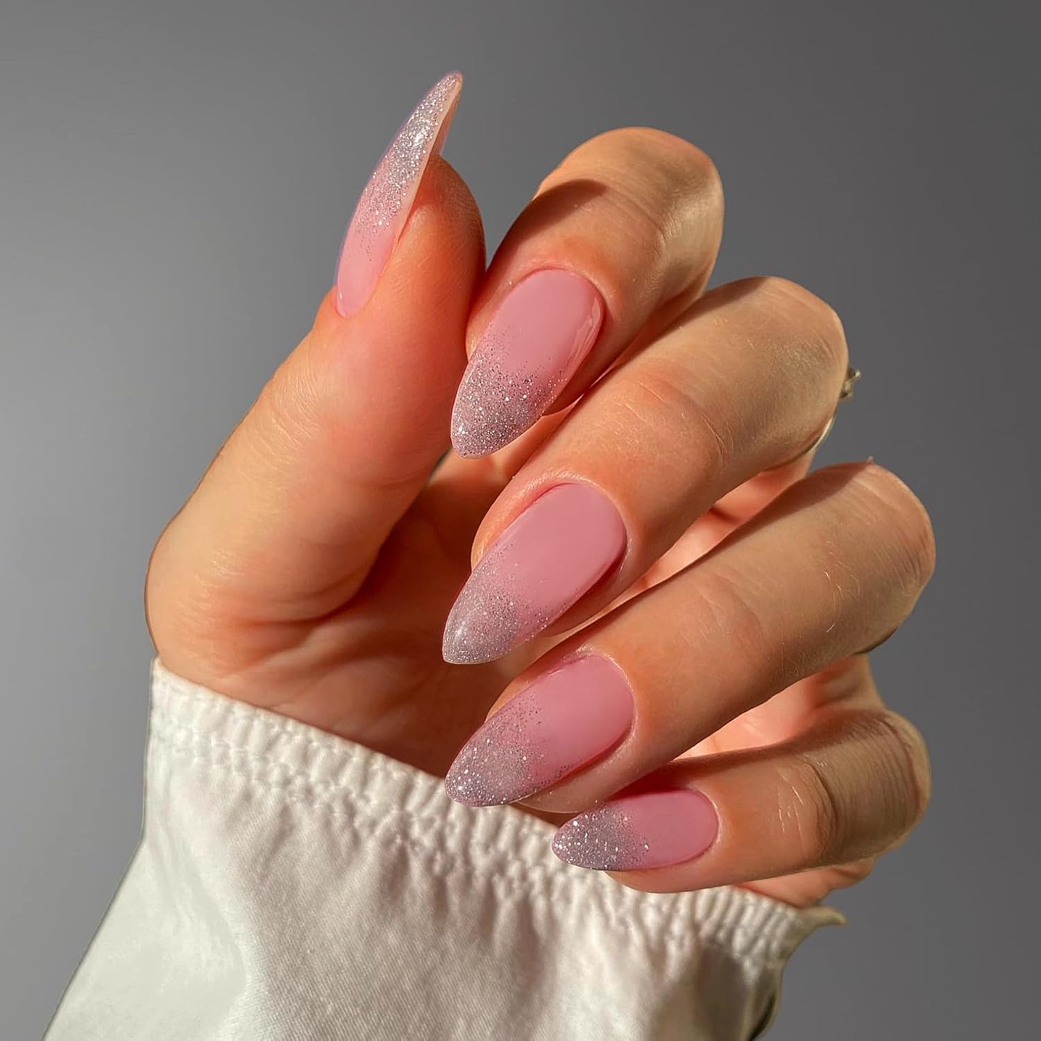 Glitter Ombre Pink Press on Nails Almond Shaped Nails Press ons, Medium Fake Nails Almond Acrylic Nails Glue on Nail Medium Length False Nail for Women Thick Natural Gel Stiletto 24Pcs - Image 4