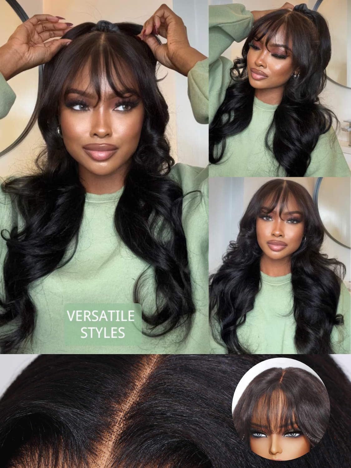 Beauty Forever Black Fluffy Natural Loose Wave Curtain Bangs Wig Glueless Wigs Human Hair Pre Plucked Pre Cut 7x5 Bye Bye Knots Lace Closure Ready to Wear Wig for Women 180% Density 16 Inch - Image 2