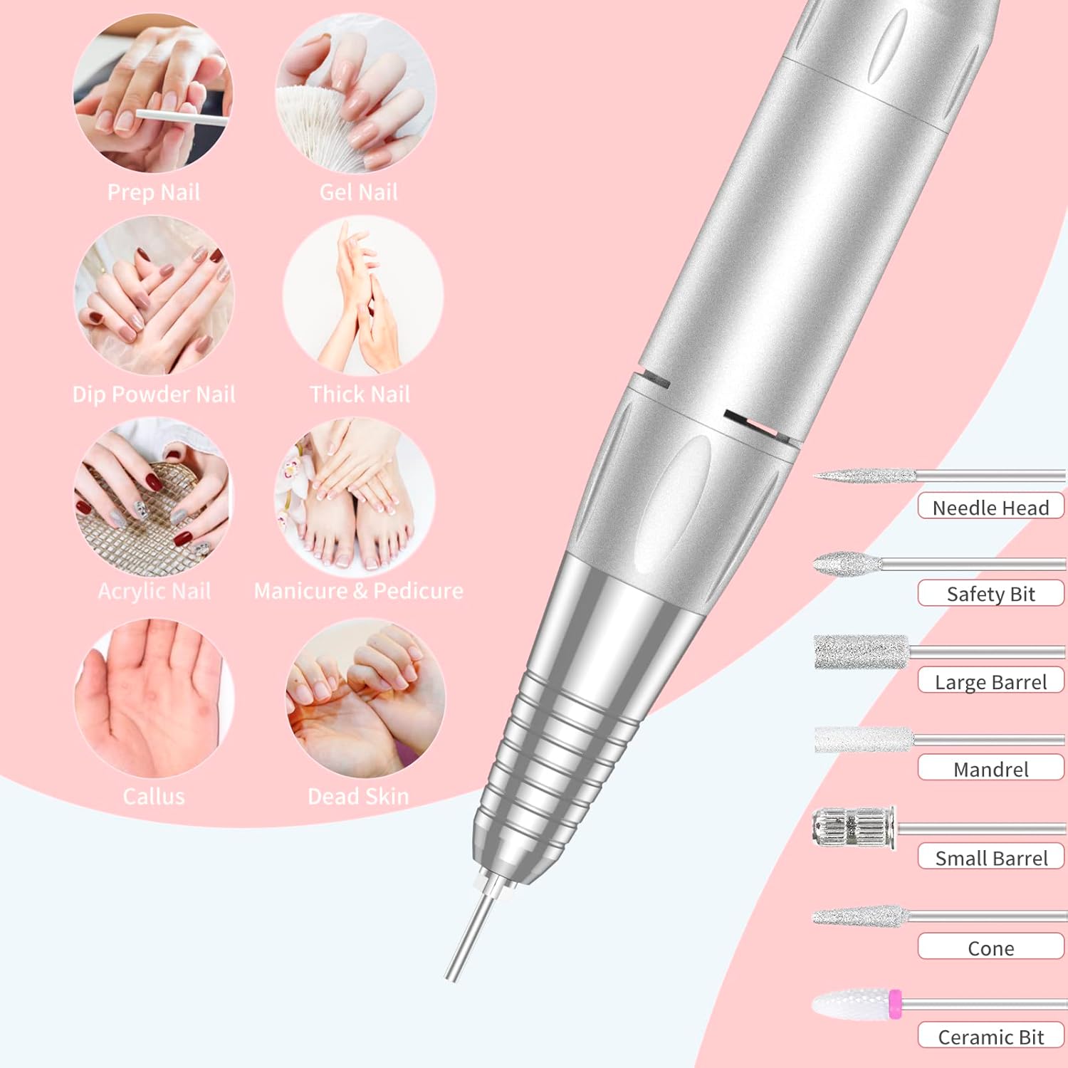 Portable Nail Drill Professional 35000 RPM, MOCOWIND Rechargeable Electric Nail File Machine E File for Acrylic Gel Polishing Removing, Cordless E-file with Bits Kit for Manicure Salon Home,Pink - Image 2