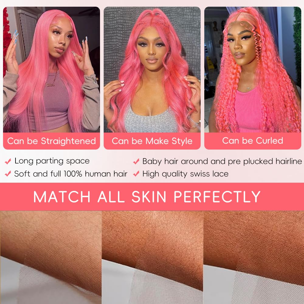 Pink Lace Front Wig Human Hair 13x4 HD Lace Front Wigs Human Hair Pre Plucked Body Wave Pink Human Hair Wig 200% Density Colored Frontal Wigs Human Hair 24 Inch - Image 5