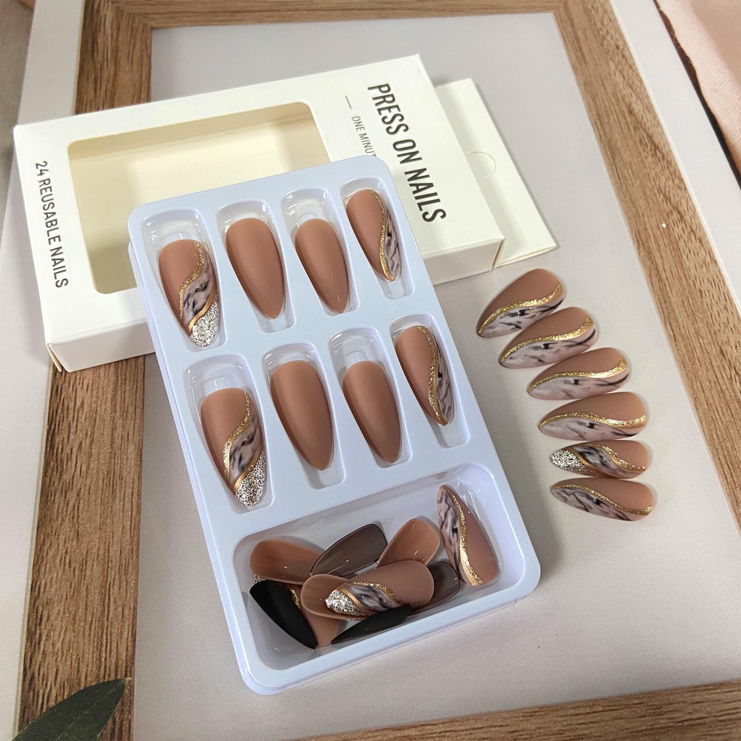 Almond Press Nails - Brown False Nails With Gold Line Marble Texture Designs, Full Cover Stick on Acrylic Artificial Nails for Women Girls, 24Pcs - Image 4