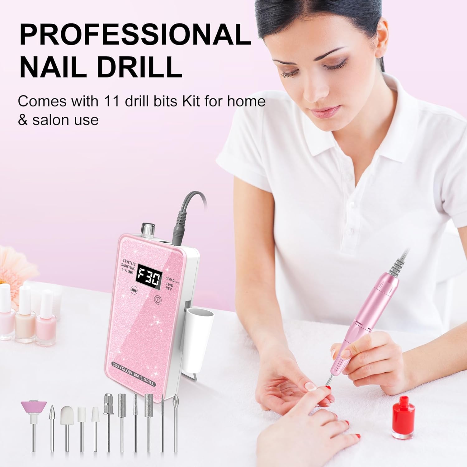 Professional Electric Nail Drill File:COSYGLOW Glitter Portable Cordless E-File Nail Drill Kit with 11 Drill Bits,30000 RPM Rechargeable Nail Drills Machine for Acrylic Nails Gel Polishing(Pink) - Image 6