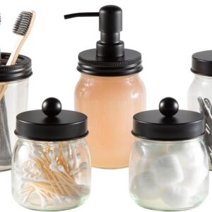 Mason Jar Bathroom Accessories Set – 5-Piece Bathroom Set with Toothbrush Holder, Soap Dispenser, Canister, and 2 Small Jars by Lavish Home (Black)