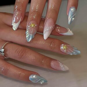 Almond Press on Nails Medium Fake Nails Blue White French Tip False Nails with 3D Shell Star Designs White Ombre Nail Press ons Glossy Glue on Nails Cute Stick on Nails for Women 24Pcs