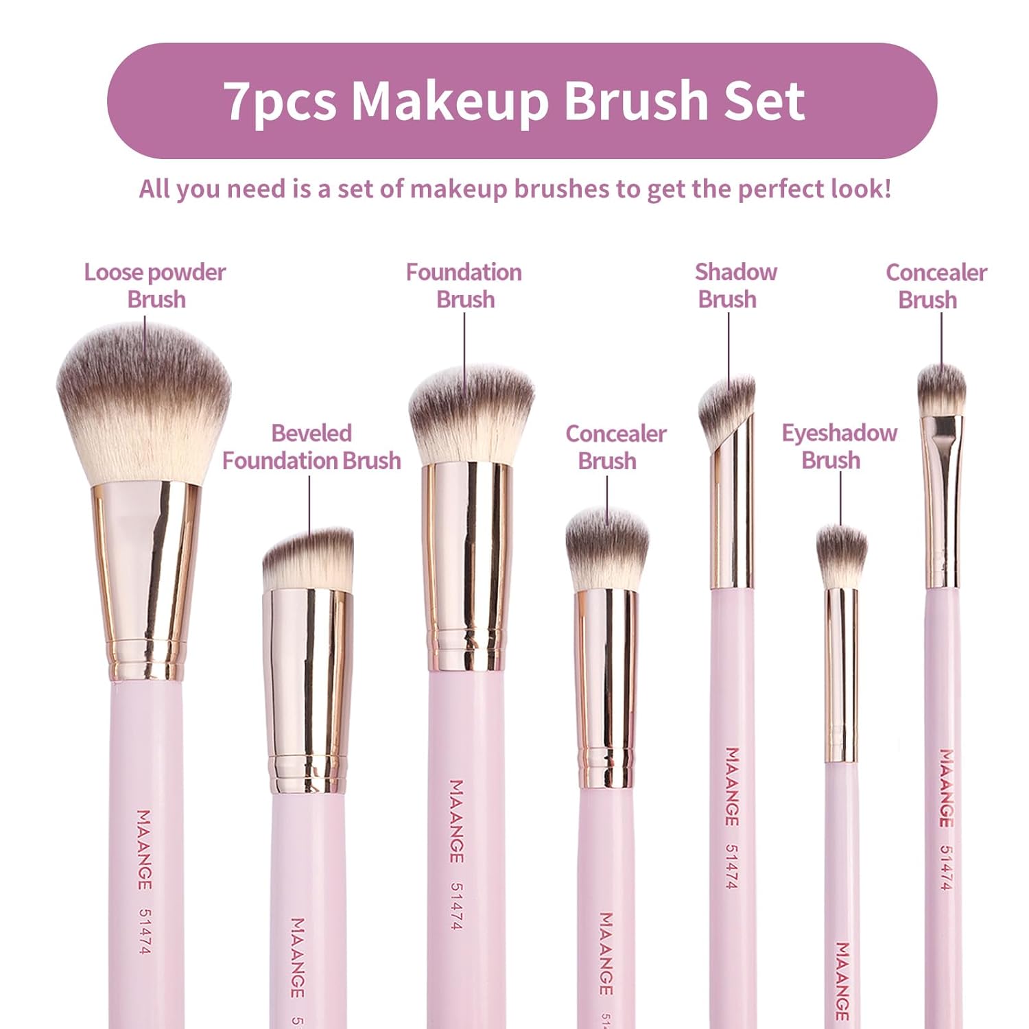 MAANGE 7 PCS Professional Makeup Brushes Premium Synthetic Makeup Brush Set For Foundation Eyeshadow Powder Concealers Brush Travel Make up Brushes Set (Pink) - Image 2