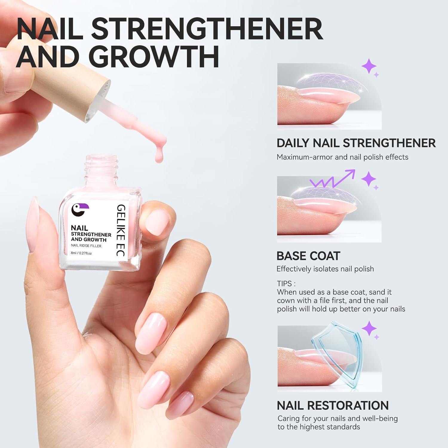 Gelike EC Nail Hardener & Strengthener: Milky Pink Ridge Filler, Nail Repair for Damaged Nails, Growth Treatment for Thin Nails, Extra Strong Polish - Natural, Vegan, Cruelty Free for Daily Home Salon - Image 3