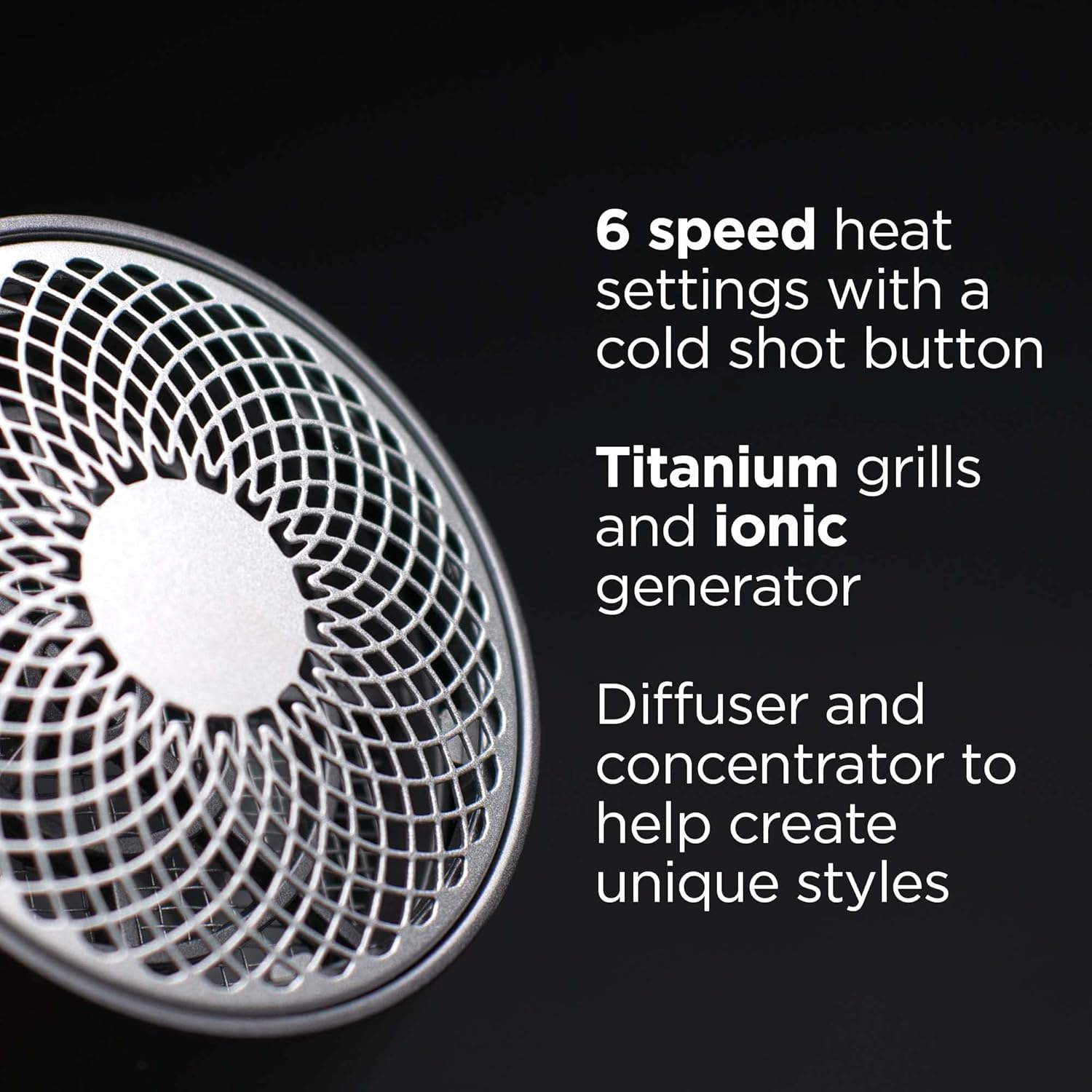 RUSK PRO Speed Titanium Hair Dryer, Ionic Generator Eliminates Frizz, Powerful AC Motor with 6 Speed and Heat Settings for Fast Styling, Plus Diffuser and Concentrator for Unique Styles - Image 7