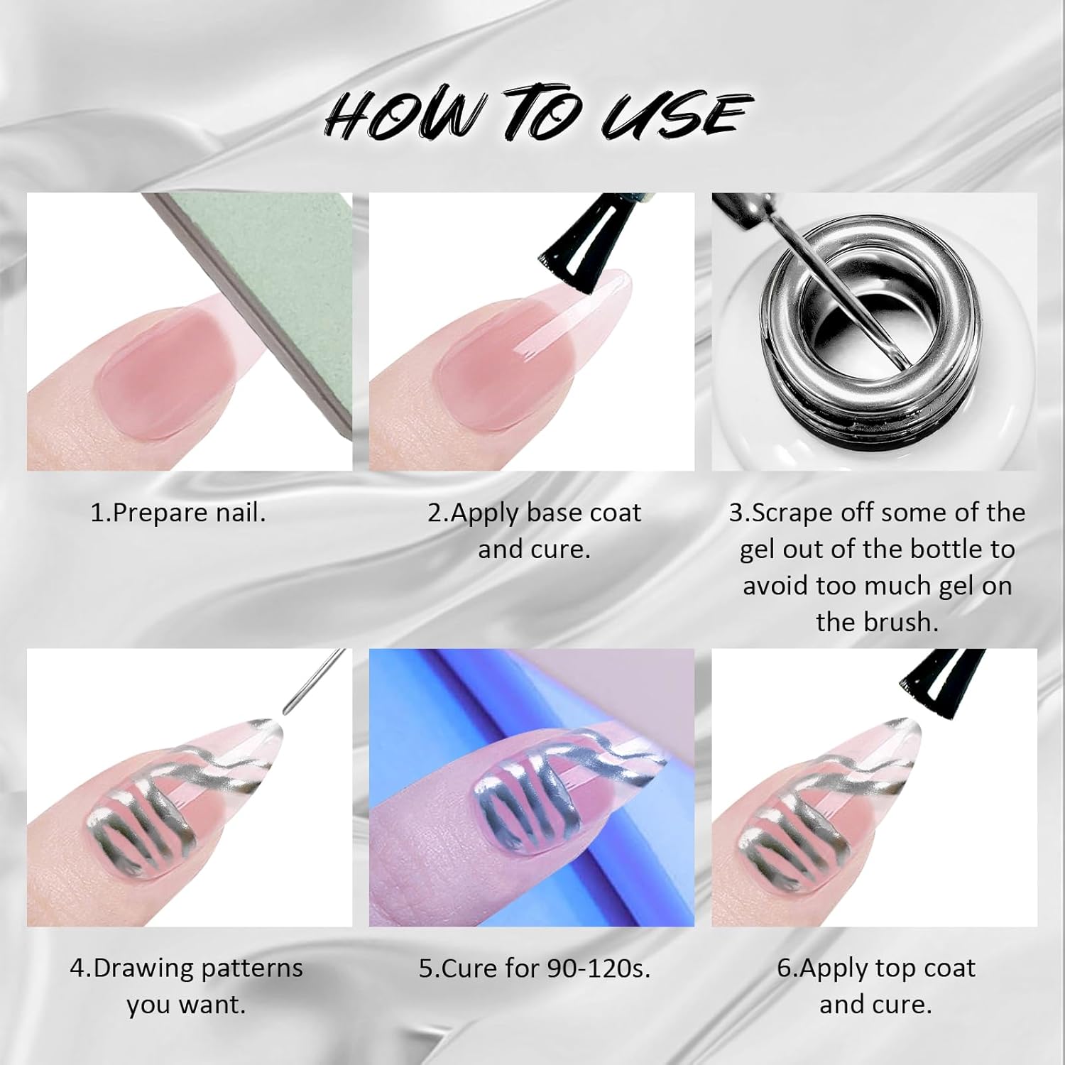 2x12ml Metallic Mirror Nail Polish, Ultra Mirror Silver & Gold Metal Painted Drawing with Thin Brush, Chrome Gel Polish Nail Art Gel Liner Soak Off DIY - Image 6