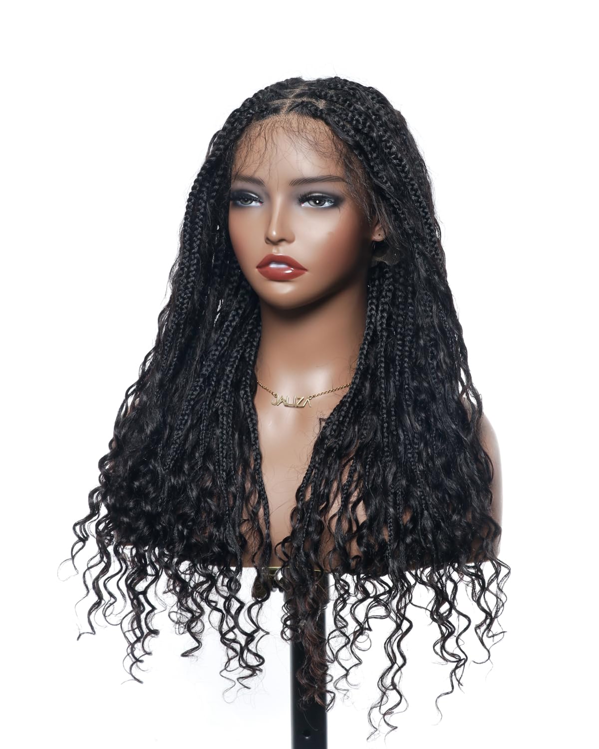 Human Hair Boho Curls Hand-Tied Full Lace Wig - 24" Small Box Braids (100 Braids, Full Version) Pre-Cut Swiss HD Lace, Lightweight, Pre-Plucked, Knotless, Tangle-Free Braided Wig | Black 1B - Image 5