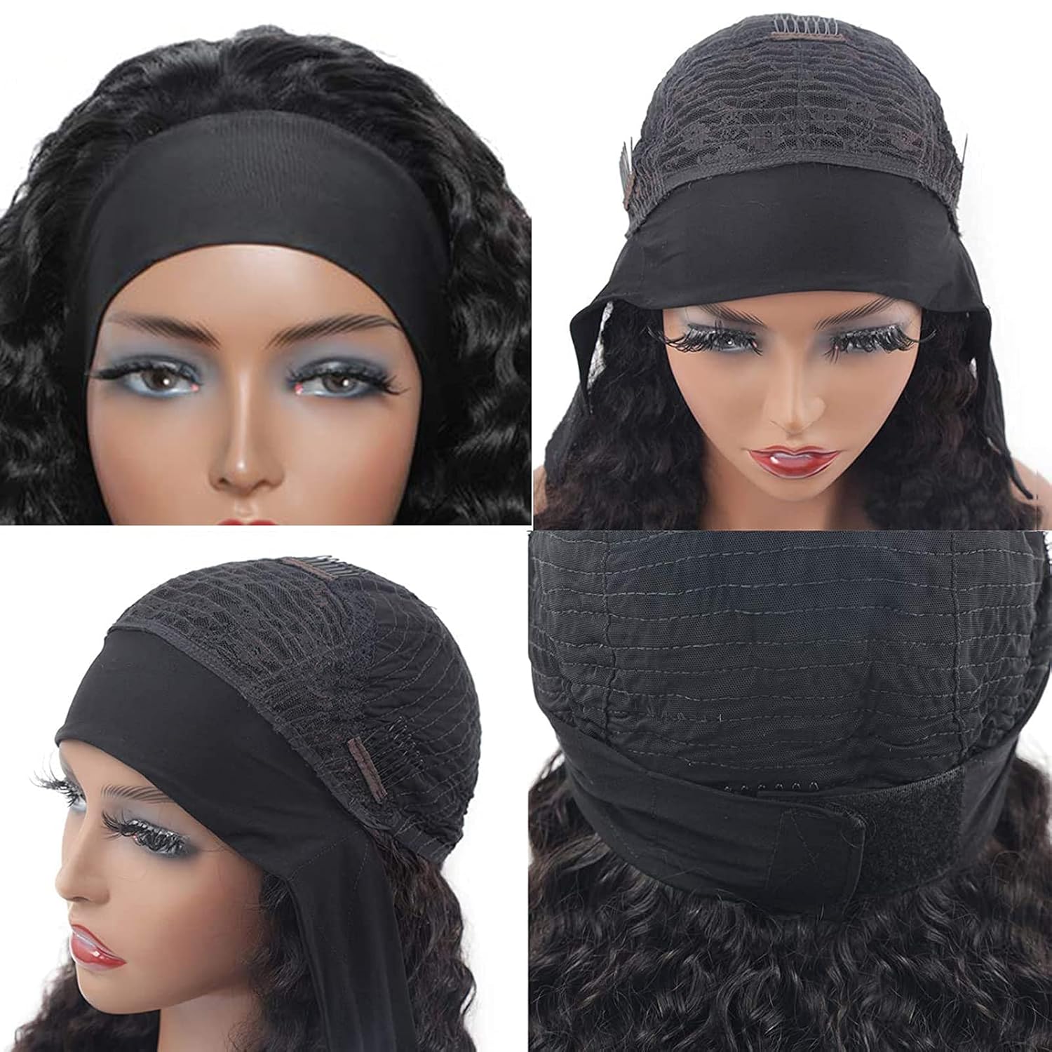 Aiterina Headband Wig Deep Wave 12 Inch Human Hair Headband Wig Curly hair Glueless Human Hair Wigs Machine Made No Lace deep Curly Headband Wigs Natural color - Image 4