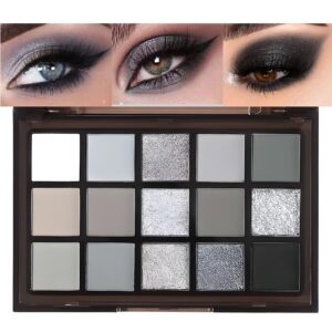 Black Smoky Eye shadow Palette, 15 Colors Black Dark Grey Smokey Goth Eyeshadow Pallet, Matte High Pigmented Basic White Gray Eyeshadow For Woman