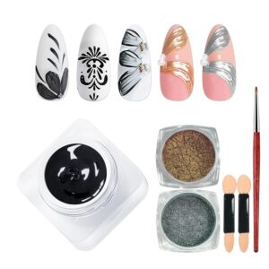 Mirco Sculpture Painting Nail Gel with Chrome Nail Powder, 3D Black Painting Carved Nail Gel, Metallic Mirror Effect, Creative Molding Gel for DIY Nail Home Salon Manicure Soak Off UV LED